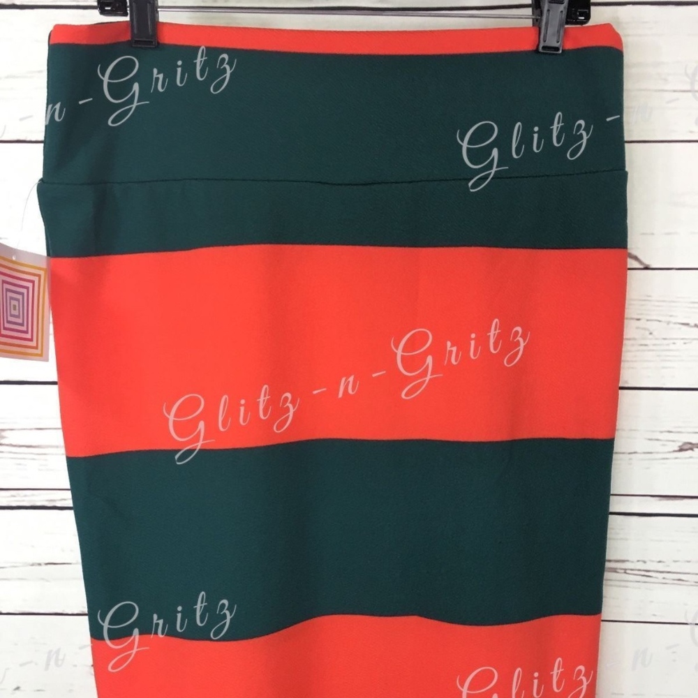 LuLaRoe CASSIE Pencil Skirt Green Orange Stripes